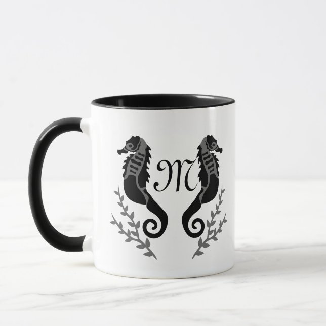 Black Seahorse Silhouette Monogram Mug (Left)