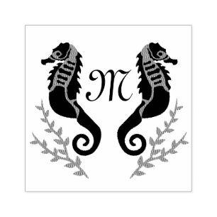 Black Seahorse Silhouette Monogram Rubber Stamp