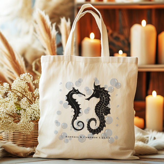 Black Seahorses Sea Themed Wedding Tote Bags (Creator Uploaded)