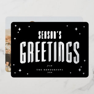 Black Season's Greetings Retro Stars Photo  Foil Holiday Card
