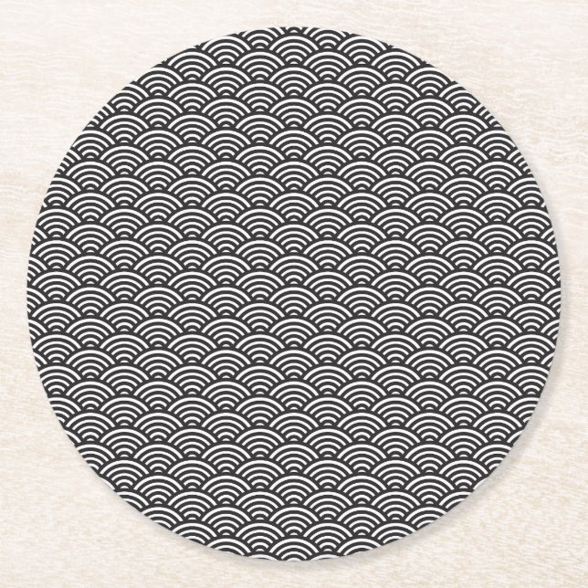 Black Seigaiha Japanese Wave Pattern Round Paper Coaster (Front)