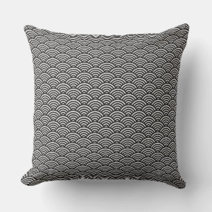 Black Seigaiha Japanese Wave Pattern Throw Pillow