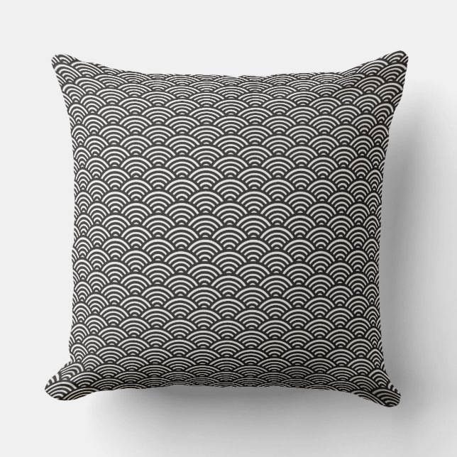 Black Seigaiha Japanese Wave Pattern Throw Pillow (Front)