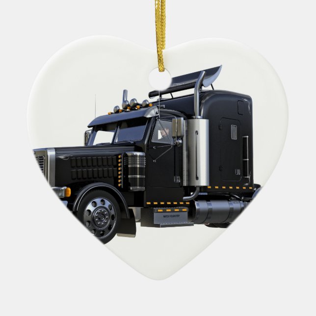 Black Semi Tractor Trailer Truck Ceramic Ornament (Front)