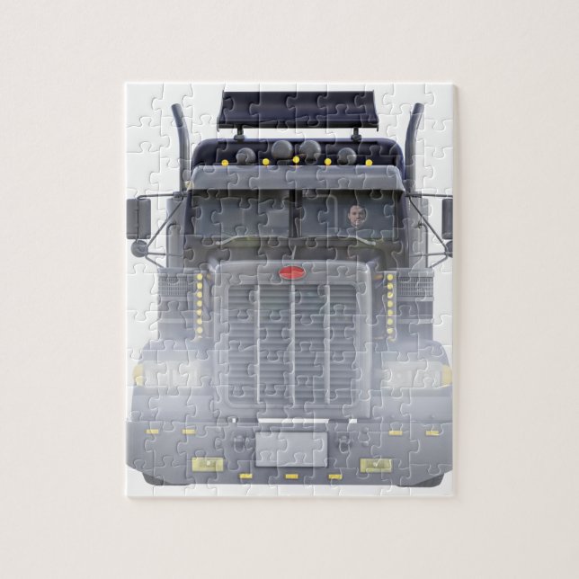 Black Semi Truck with Lights On in Front View Jigsaw Puzzle (Vertical)