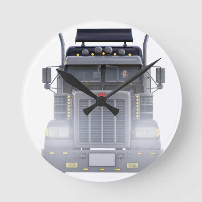 Black Semi Truck with Lights On in Front View Round Clock (Front)