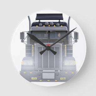 Black Semi Truck with Lights On in Front View Round Clock