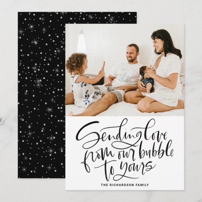 Black Sending Love from Our Bubble to Yours Photo Holiday Card (Front/Back)