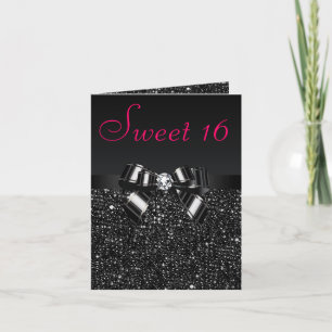 Black Sequins, Bow & Diamond Sweet 16 Invitation