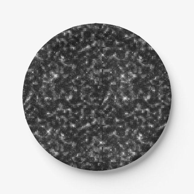 Black Sequins Glitter Blank Paper Plate (Front)