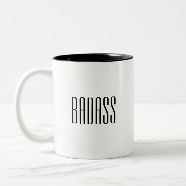 Black Serif Font Badass Statement Two-Tone Coffee Mug (Left)