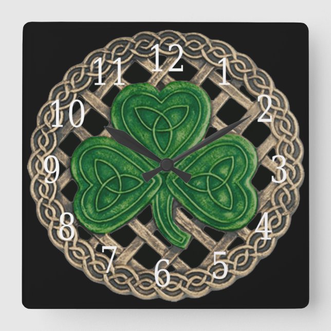 Black Shamrock And Celtic Knots Square Clock (Front)