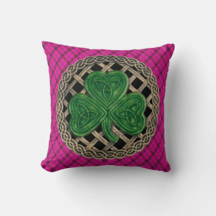 Black Shamrock Celtic Knots On Pink Plaid Throw Pillow