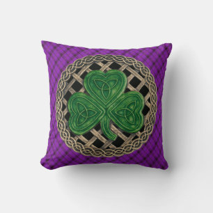 Black Shamrock Celtic Knots On Purple Plaid Throw Pillow