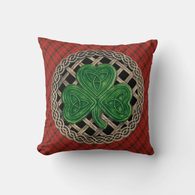 Black Shamrock Celtic Knots On Red Plaid Throw Pillow (Front)