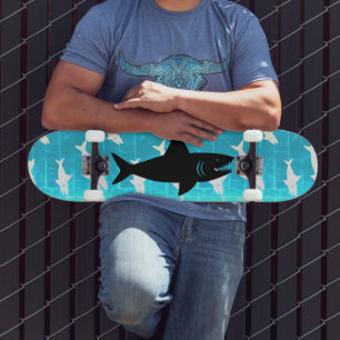 Black Shark Grey Shark Pattern Blue Background Skateboard