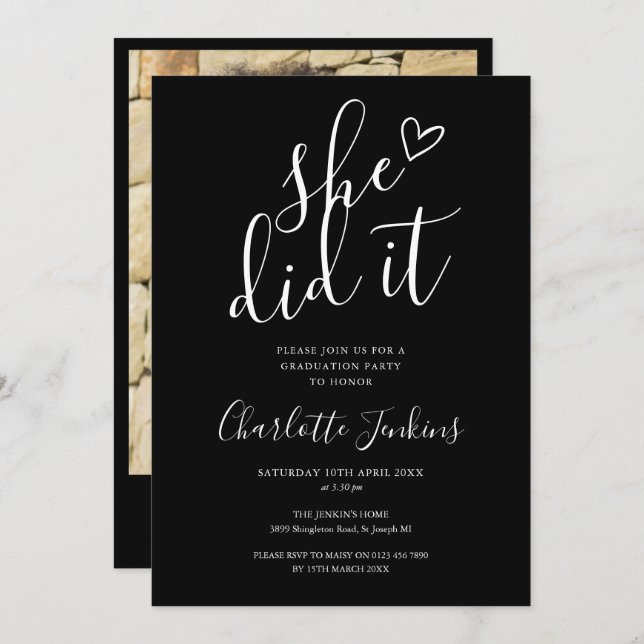 Black She Did It Script Photo Graduation Party Invitation (Front/Back)