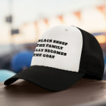 Black Sheep Becomes The Goat Trucker Hat<br><div class="desc">Stand out from the crowd with this witty and bold trucker hat. Featuring the phrase “The Black Sheep of the Family Usually Becomes the GOAT, ” this hat is perfect for those who embrace their unique path and take pride in breaking away from the ordinary. The classic black-and-white design offers...</div>