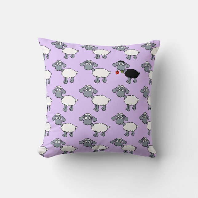 Black Sheep Lamb with Red Flower in White Flock Throw Pillow (Front)