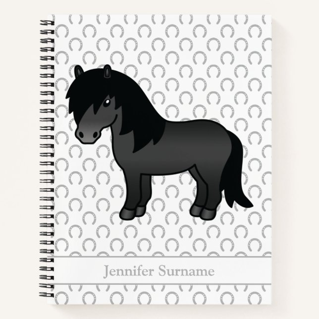 Black Shetland Pony Cartoon Pony & Custom Text Notebook (Front)