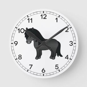 Black Shetland Pony Cute Cartoon Illustration Round Clock