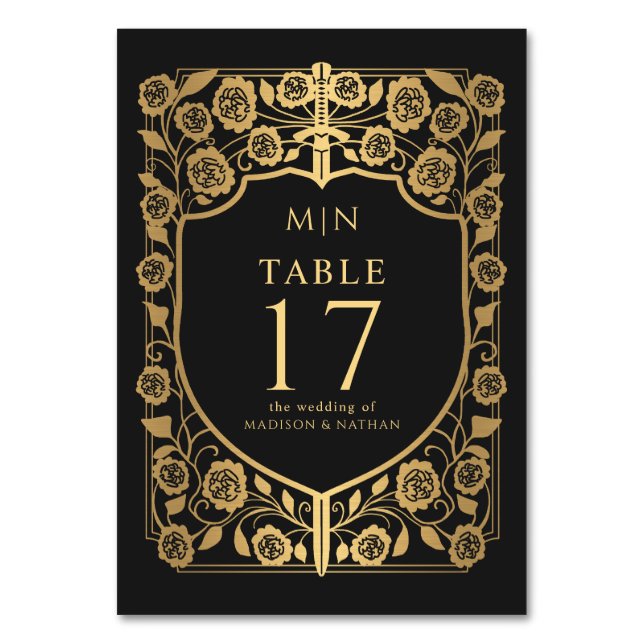 Black Shield Medieval Fantasy Monogram Wedding  Table Number (Front)