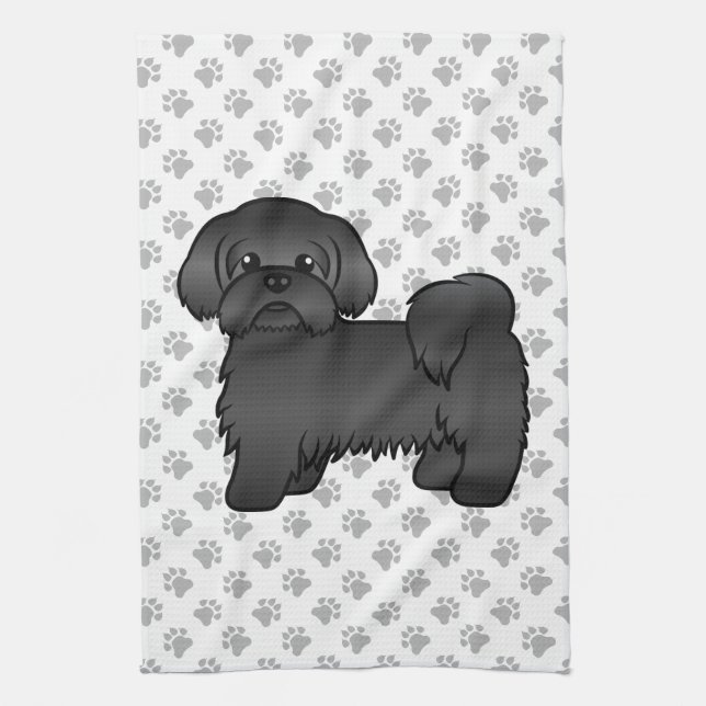 Black Shih Tzu Cute Cartoon Dog Illustration Kitchen Towel (Vertical)