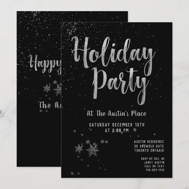 Black Shimmering Silver Holiday Party Invitation (Front/Back)