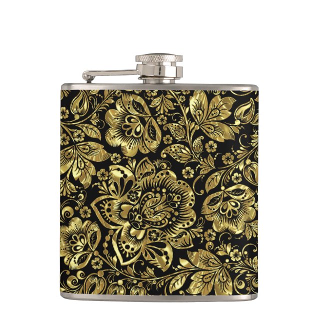 Black & Shiny Gold Flowers Pattern Hip Flask (Front)