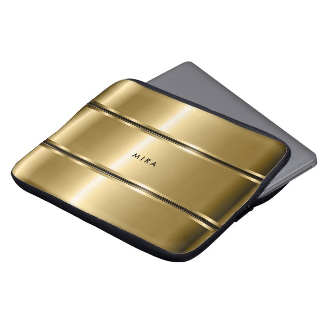 Black & Shiny Metallic Gold Stripes Laptop Sleeve (Front Top)