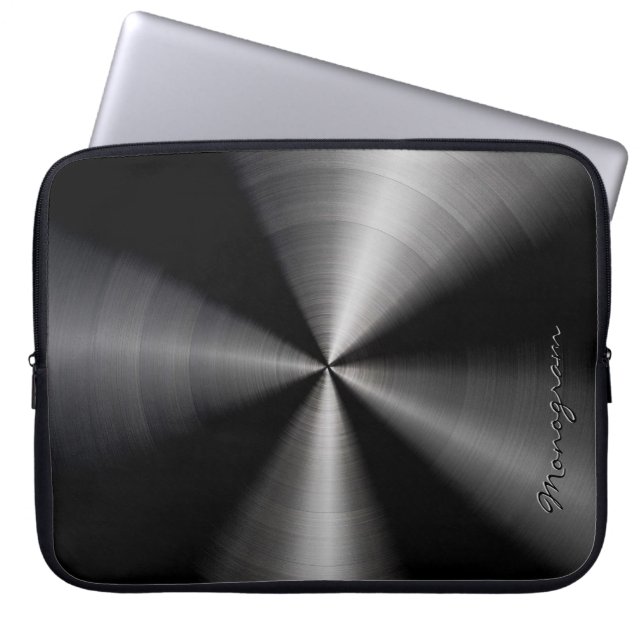 Black Shiny Metallic  Stainless Steel Look Laptop Sleeve (Front)