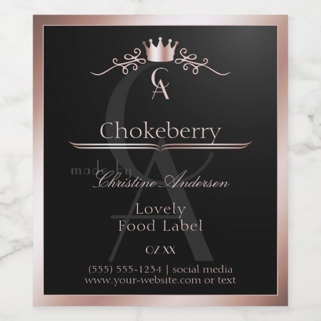 Black Shiny Product Label Rose Gold Frame Monogram (Single Label)