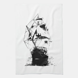 Black Ship Silhouette Kitchen Towel