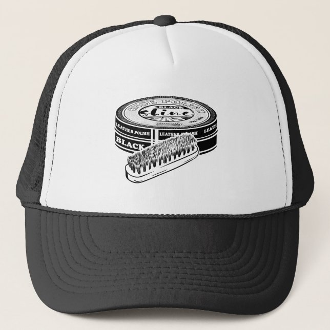 Black shoe polish tin trucker hat (Front)