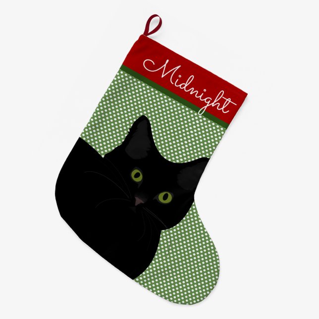 Black Short Hair Cat Green Eyes Personalized Large Christmas Stocking (Front (Hanging))