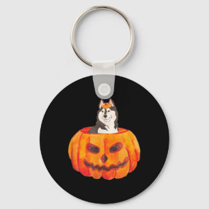 Black Siberian Husky Dog Happy Halloween Pumpkin Keychain