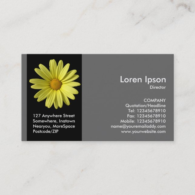 Black Side Band Flower - Yellow Daisy - Grey Business Card (Front)