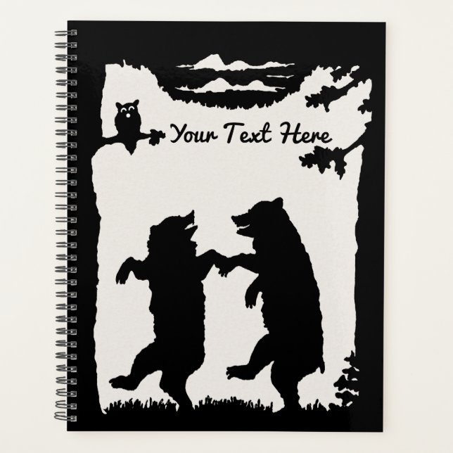 Black Silhouette Bears Dancing Owl In Tree Clouds Planner (Front)