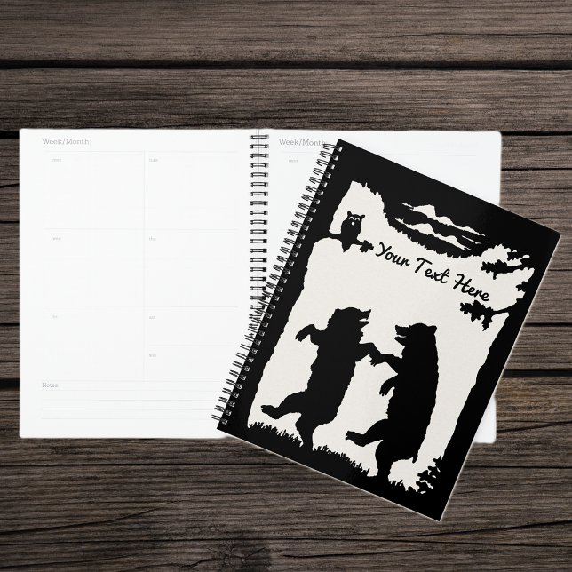 Black Silhouette Bears Dancing Owl In Tree Clouds Planner (Black and white planner with two dancing happy bears under trees with owl watching.)