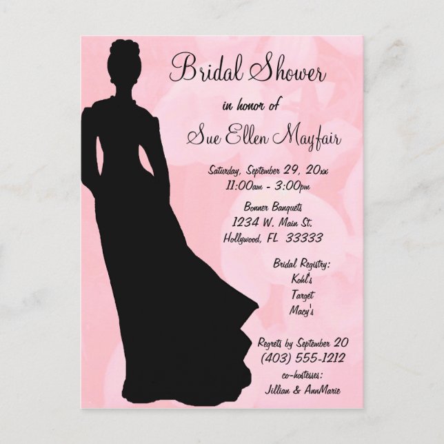 Black Silhouette Bride Pink Floral Background Invitation Postcard (Front)