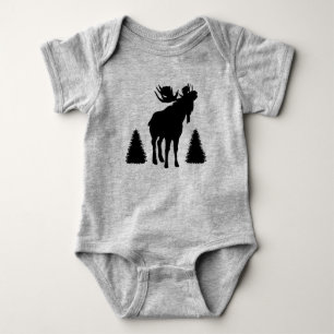 Black Silhouette Bull Moose Pine Trees Baby Bodysuit