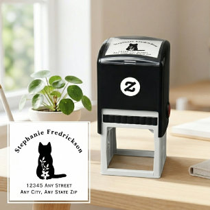 Black Silhouette Cat Floral Pet Lover Self-inking Stamp