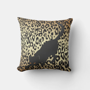 Black Silhouette Cat on Cheetah Background Throw Pillow