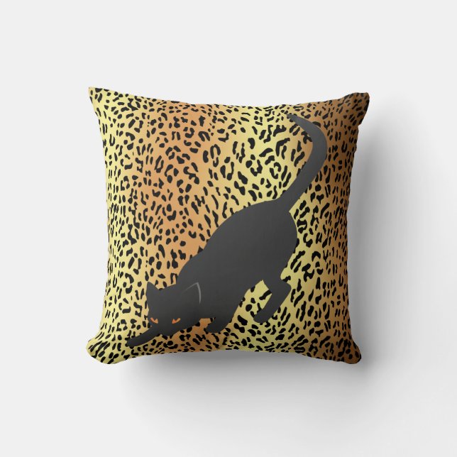 Black Silhouette Cat on Leopard Print Throw Pillow (Front)