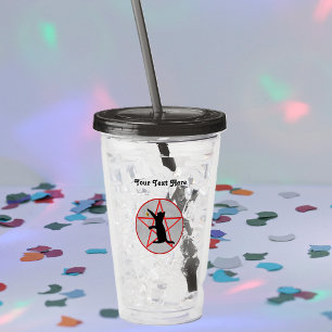 Black Silhouette Cat on Red Pentagram Circle Grey Acrylic Tumbler