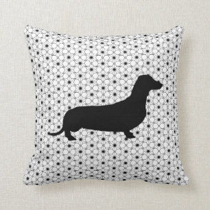 Black Silhouette Dachshund on Black and White Throw Pillow