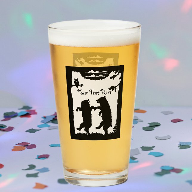 Black Silhouette Dancing Bears Trees Owl On Branch Glass (Two black bears in silhouette dancing in woods under trees owl on drinking glass tumbler.)