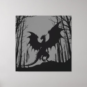 Black Silhouette Dragon on Grey - Fantasy Canvas Print