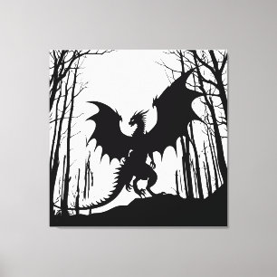 Black Silhouette Dragon on White - Fantasy   Canvas Print
