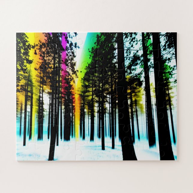 Black Silhouette Forest with Rainbow Glow Jigsaw Puzzle (Horizontal)